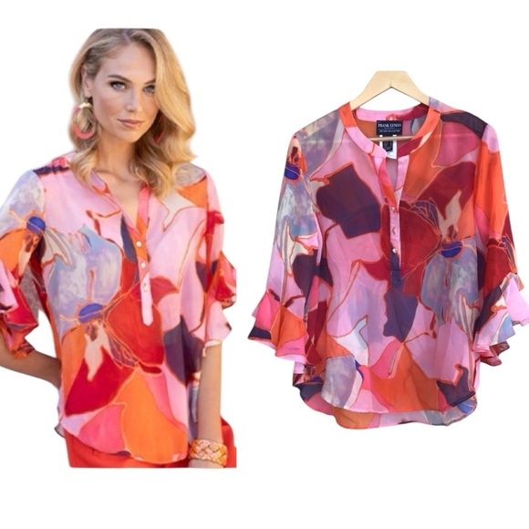 Frank Lyman Orange Pink Abstract Print Top NEW - Picture 1 of 12
